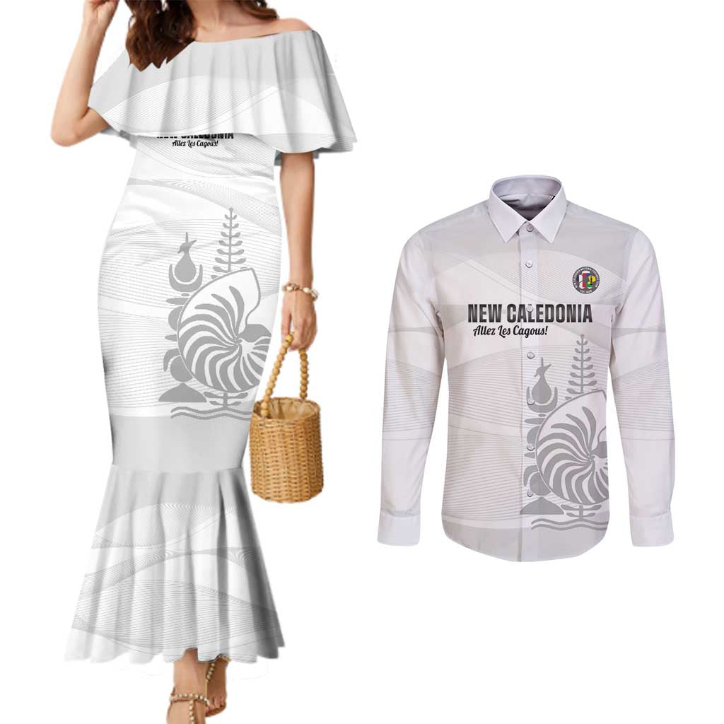 Custom New Caledonia Football Couples Matching Mermaid Dress and Long Sleeve Button Shirt Allez Les Cagous White Version - Polynesian Pride