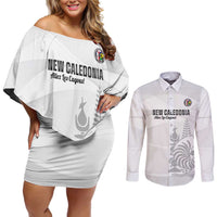Custom New Caledonia Football Couples Matching Off Shoulder Short Dress and Long Sleeve Button Shirt Allez Les Cagous White Version LT14 White - Polynesian Pride