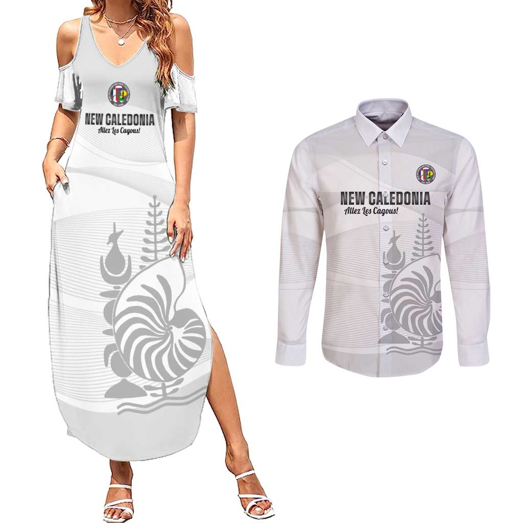 Custom New Caledonia Football Couples Matching Summer Maxi Dress and Long Sleeve Button Shirt Allez Les Cagous White Version - Polynesian Pride