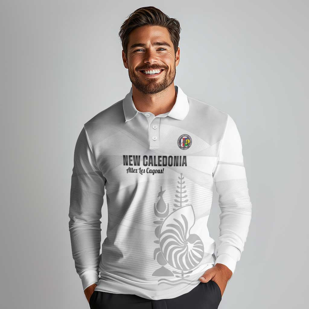 Custom New Caledonia Football Long Sleeve Polo Shirt Allez Les Cagous White Version LT14 - Polynesian Pride