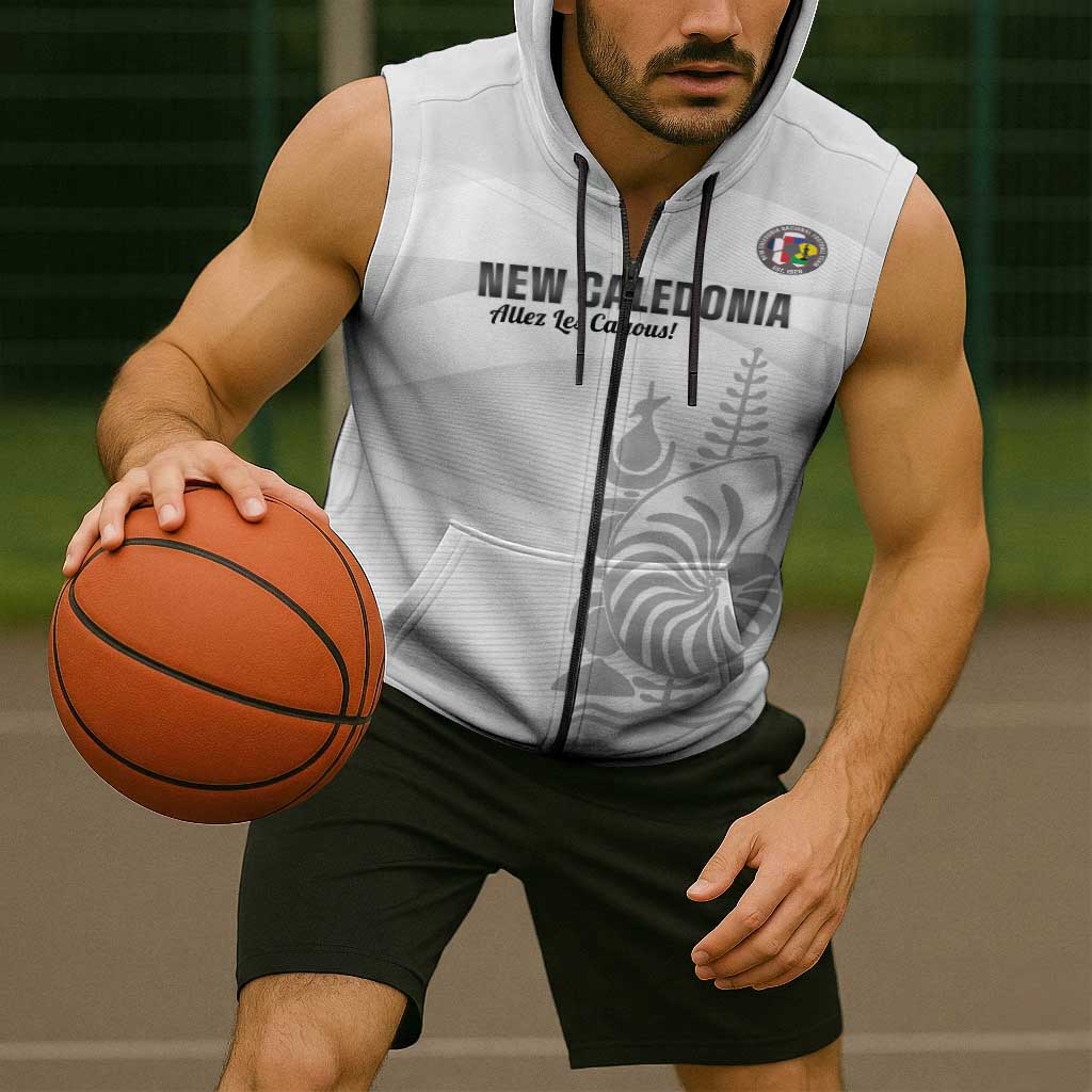 Custom New Caledonia Football Sleeveless Zip Hoodie Allez Les Cagous White Version LT14 - Polynesian Pride