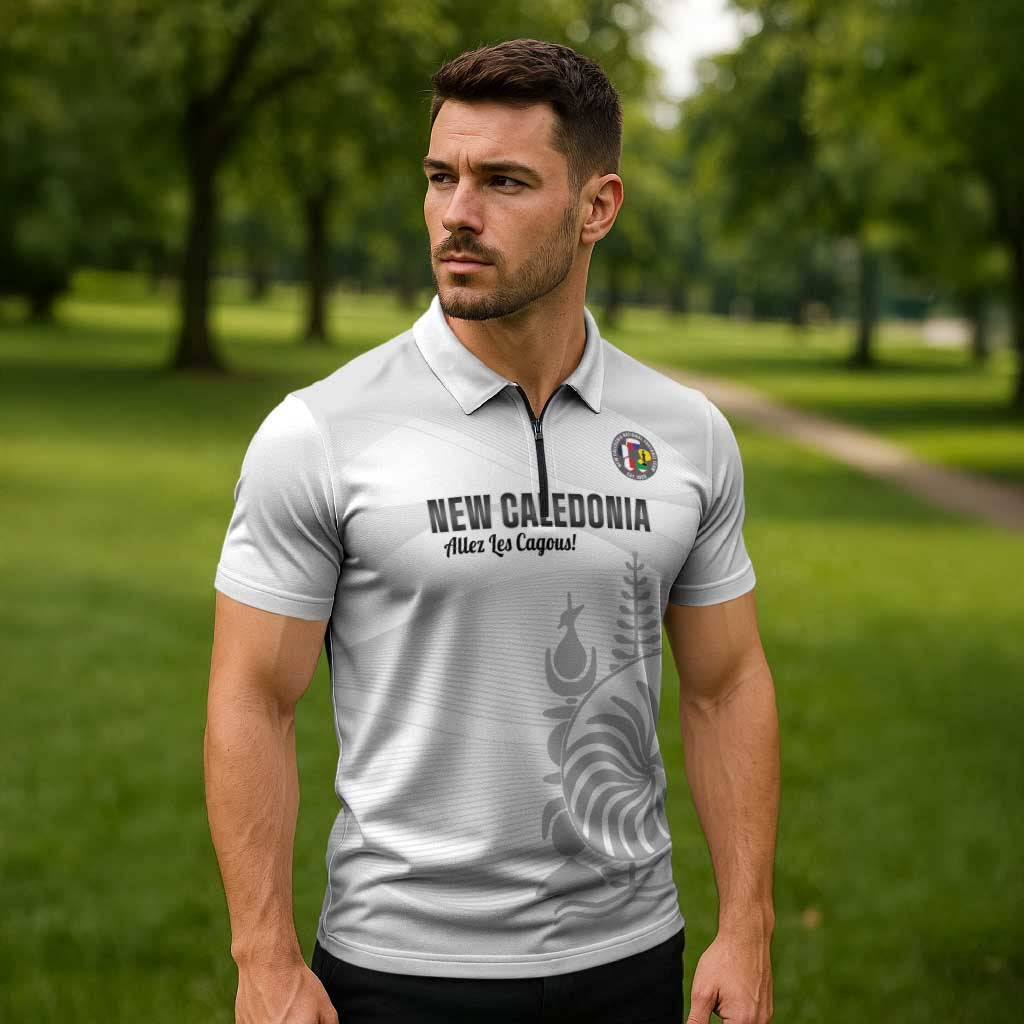 Custom New Caledonia Football Zipper Polo Shirt Allez Les Cagous White Version LT14 - Polynesian Pride