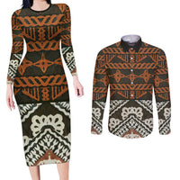 Bula Fiji Tapa Couples Matching Long Sleeve Bodycon Dress and Long Sleeve Button Shirt Fijian Masi Vintage Vibes - Polynesian Pride