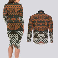 Bula Fiji Tapa Couples Matching Long Sleeve Bodycon Dress and Long Sleeve Button Shirt Fijian Masi Vintage Vibes - Polynesian Pride