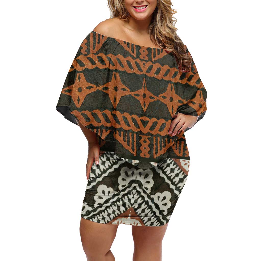 Bula Fiji Tapa Off Shoulder Short Dress Fijian Masi Vintage Vibes LT14 Women Brown - Polynesian Pride