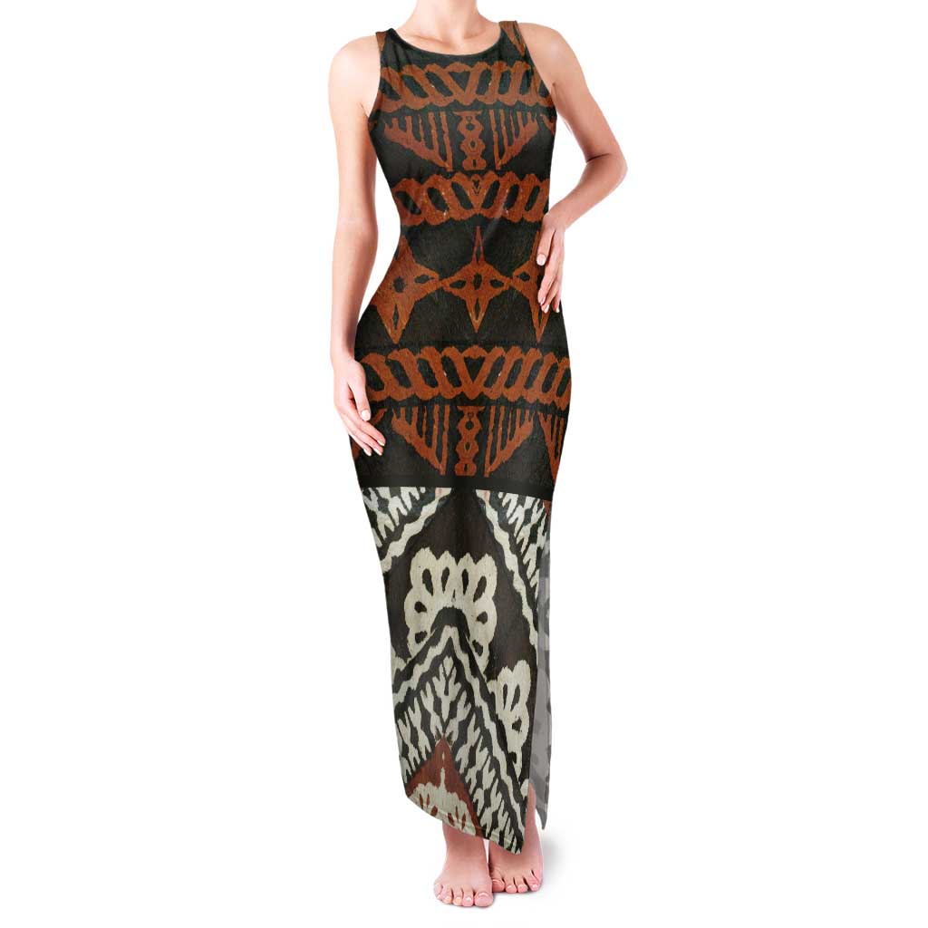 Bula Fiji Tapa Tank Maxi Dress Fijian Masi Vintage Vibes LT14 Women Brown - Polynesian Pride