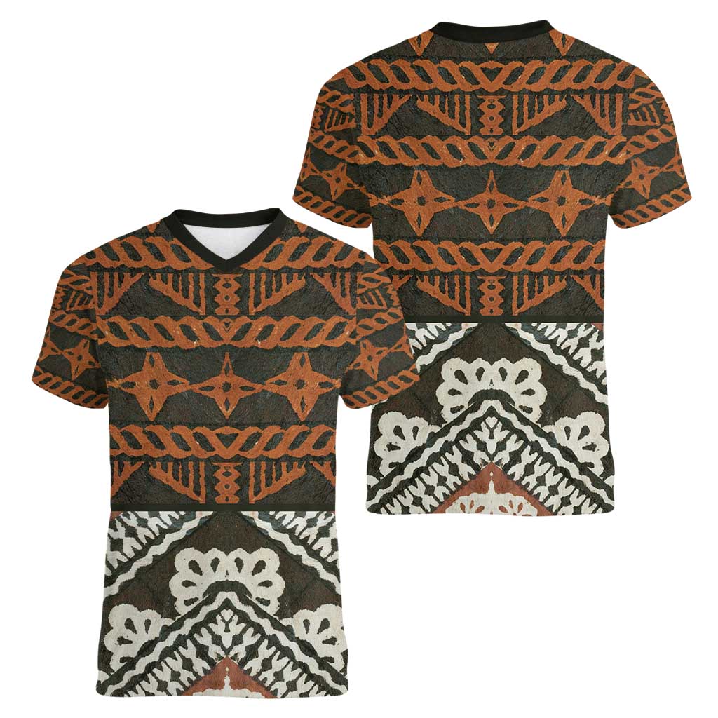 Bula Fiji Tapa Women V-Neck T-Shirt Fijian Masi Vintage Vibes - Polynesian Pride