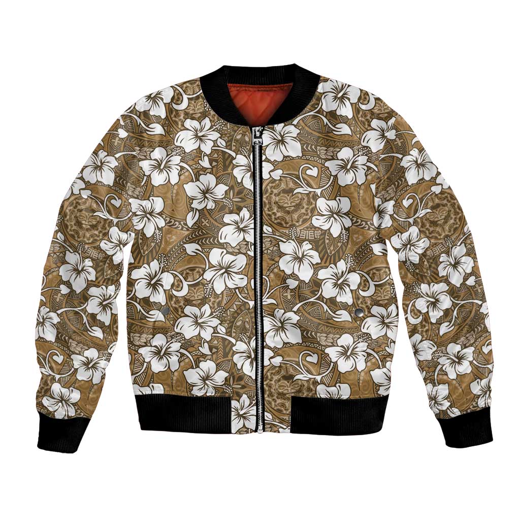 Kuvui Bula Fiji Bomber Jacket Fijian Tapa Seamless Hibiscus LT14 Unisex Brown - Polynesian Pride