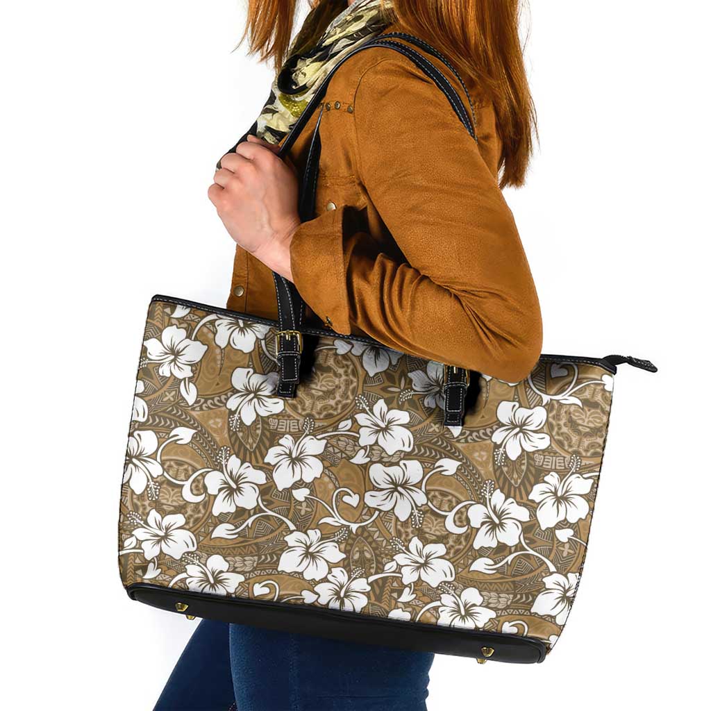 Kuvui Bula Fiji Leather Tote Bag Fijian Tapa Seamless Hibiscus LT14 Brown - Polynesian Pride
