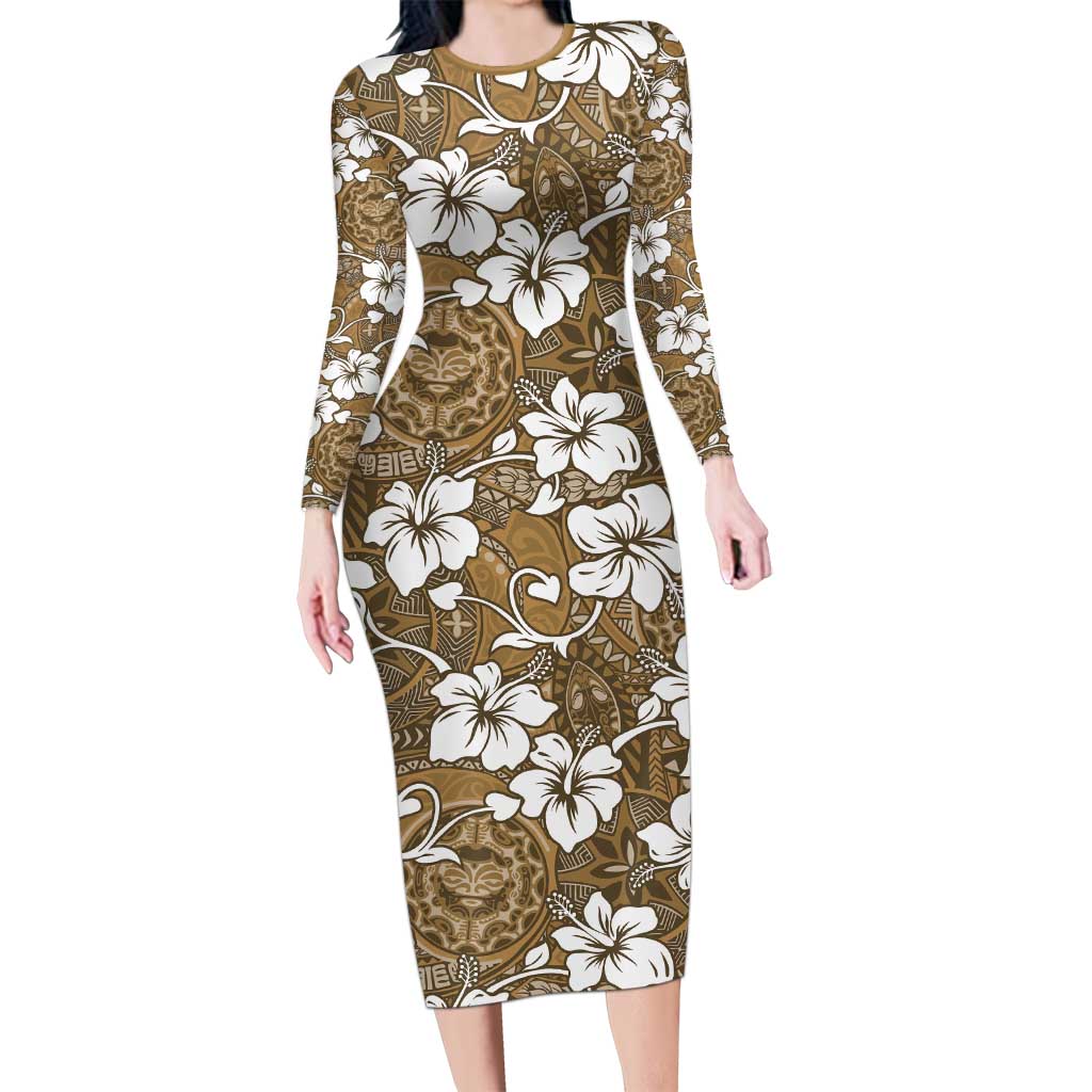 Kuvui Bula Fiji Long Sleeve Bodycon Dress Fijian Tapa Seamless Hibiscus LT14 Long Dress Brown - Polynesian Pride