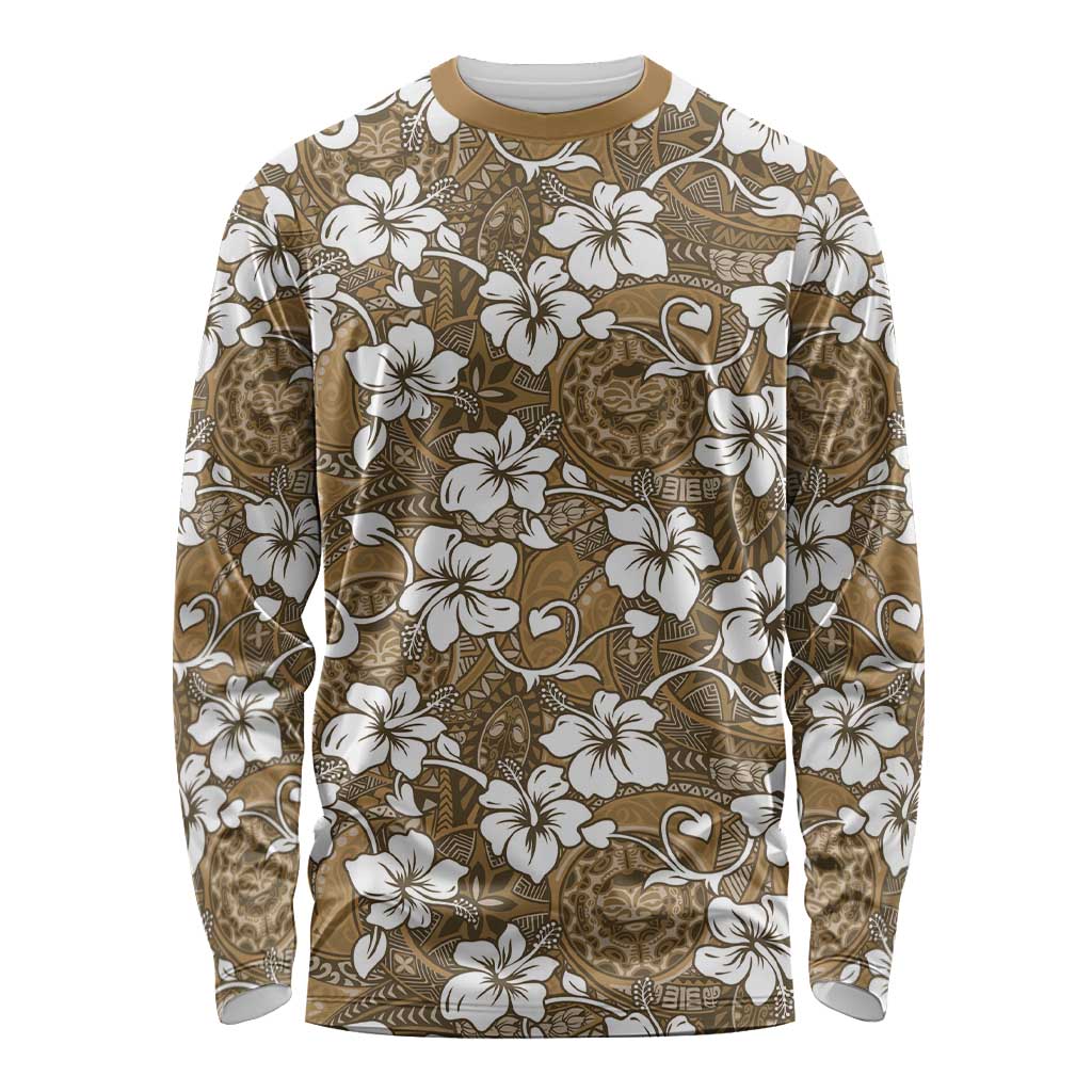 Kuvui Bula Fiji Long Sleeve Shirt Fijian Tapa Seamless Hibiscus LT14 Unisex Brown - Polynesian Pride