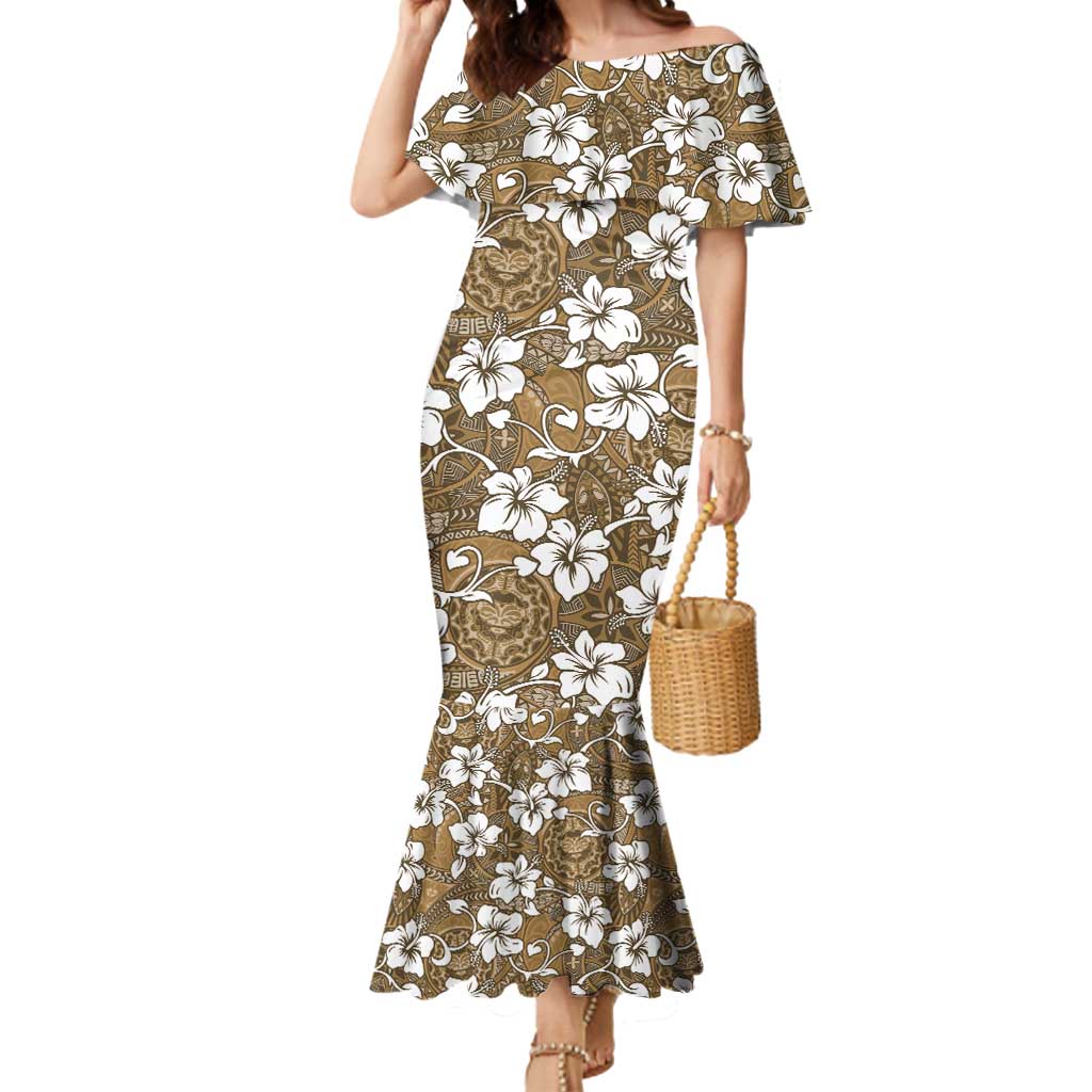 Kuvui Bula Fiji Mermaid Dress Fijian Tapa Seamless Hibiscus LT14 Women Brown - Polynesian Pride