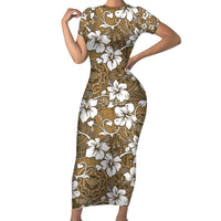 Kuvui Bula Fiji Short Sleeve Bodycon Dress Fijian Tapa Seamless Hibiscus LT14 Long Dress Brown - Polynesian Pride