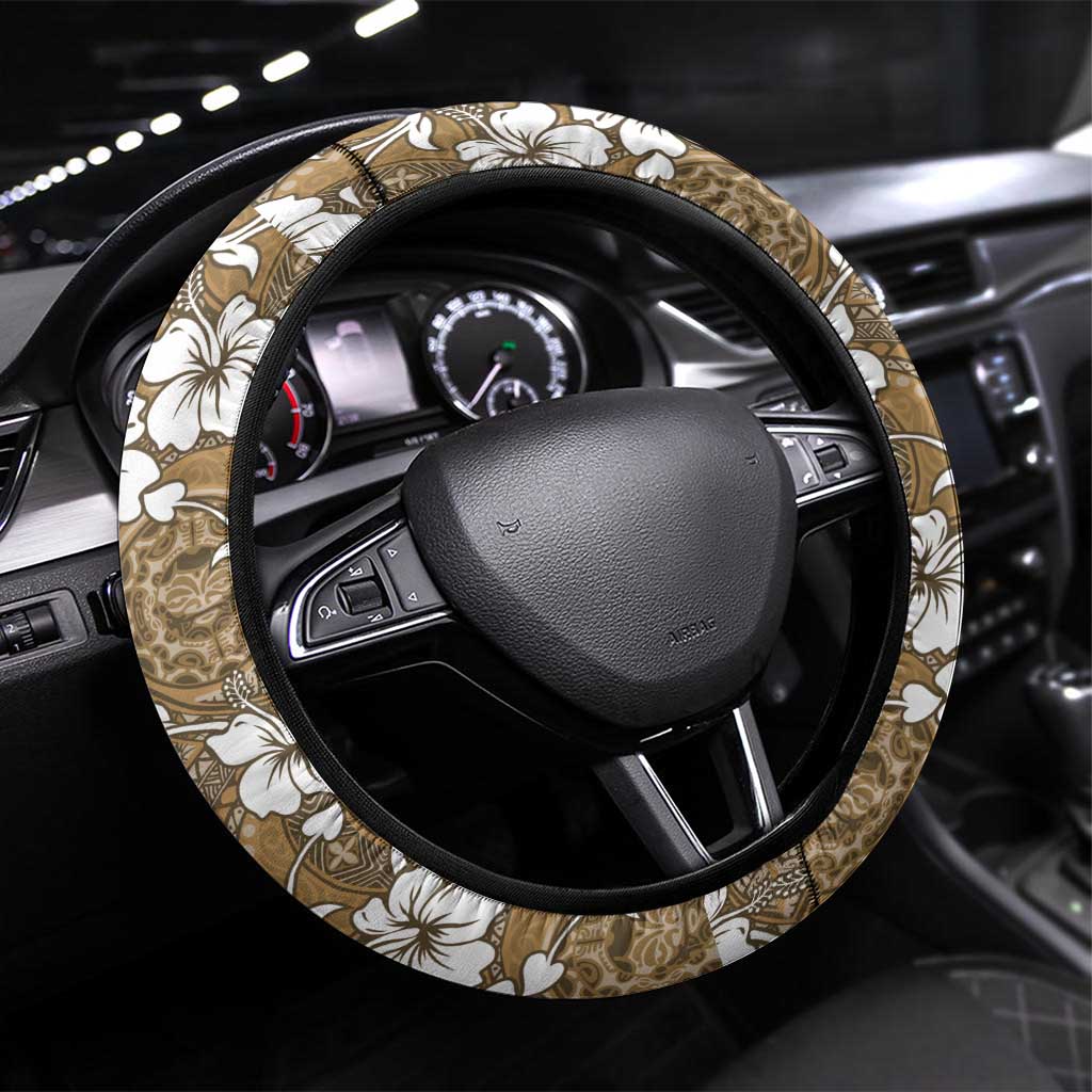 Kuvui Bula Fiji Steering Wheel Cover Fijian Tapa Seamless Hibiscus LT14 Universal Fit Brown - Polynesian Pride
