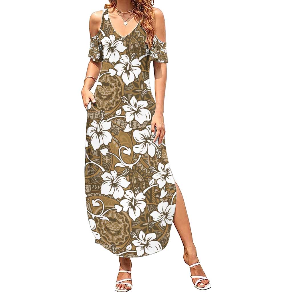 Kuvui Bula Fiji Summer Maxi Dress Fijian Tapa Seamless Hibiscus LT14 Women Brown - Polynesian Pride