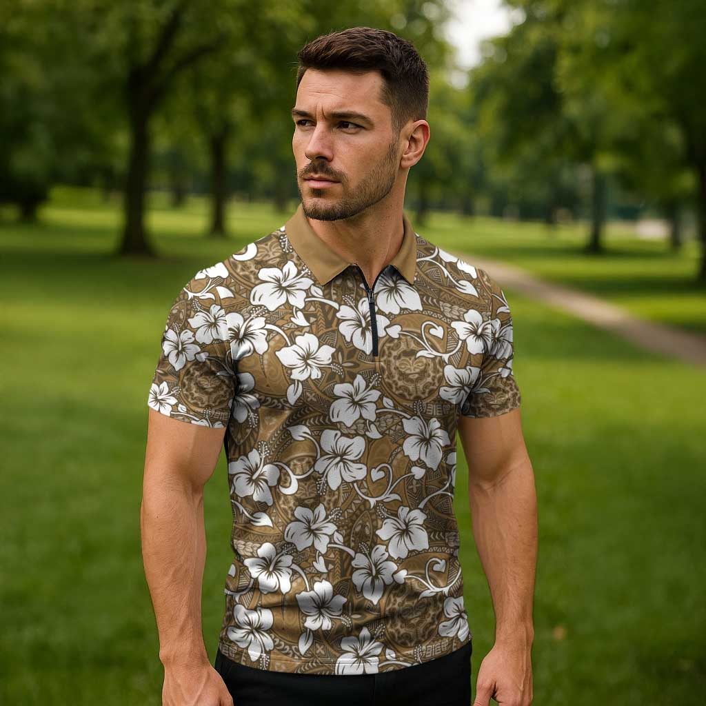 Kuvui Bula Fiji Zipper Polo Shirt Fijian Tapa Seamless Hibiscus - Polynesian Pride