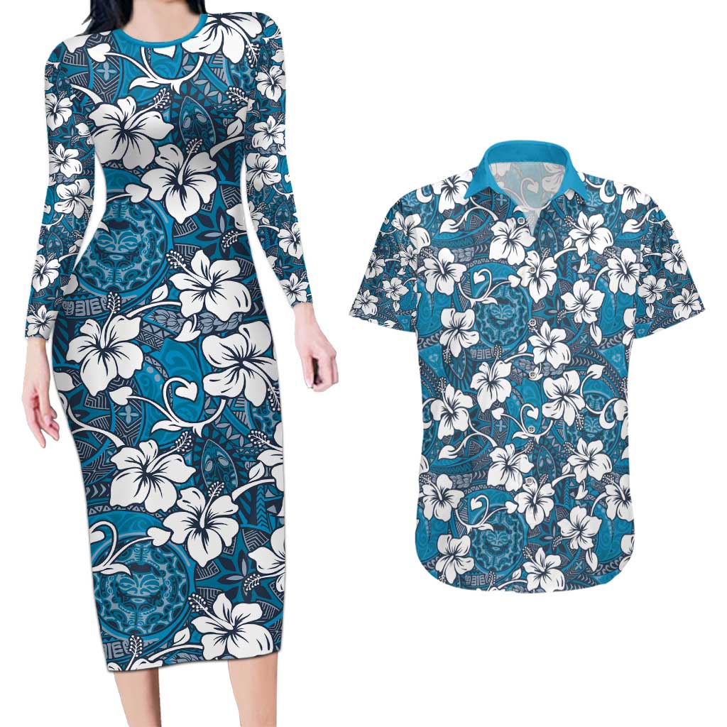 Karakarawa Bula Fiji Couples Matching Long Sleeve Bodycon Dress and Hawaiian Shirt Fijian Tapa Seamless Hibiscus - Polynesian Pride