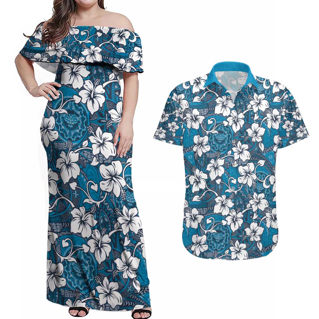 Karakarawa Bula Fiji Couples Matching Off Shoulder Maxi Dress and Hawaiian Shirt Fijian Tapa Seamless Hibiscus - Polynesian Pride