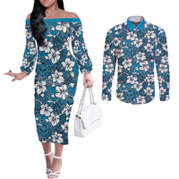 Karakarawa Bula Fiji Couples Matching Off The Shoulder Long Sleeve Dress and Long Sleeve Button Shirt Fijian Tapa Seamless Hibiscus - Polynesian Pride