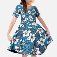 Karakarawa Bula Fiji Family Matching Long Sleeve Bodycon Dress and Hawaiian Shirt Fijian Tapa Seamless Hibiscus LT14 Daughter's Dress Blue - Polynesian Pride
