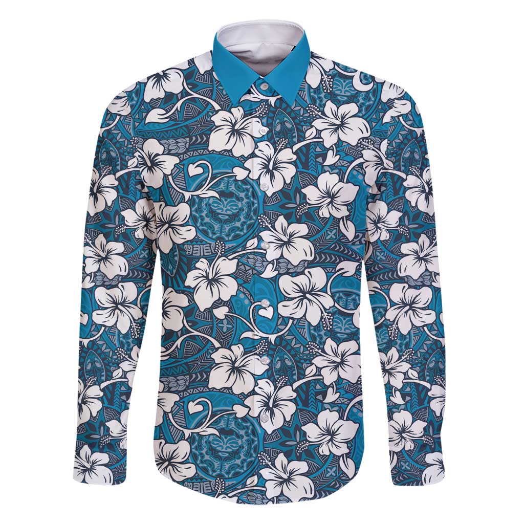 Karakarawa Bula Fiji Family Matching Long Sleeve Bodycon Dress and Hawaiian Shirt Fijian Tapa Seamless Hibiscus LT14 Dad's Shirt - Long Sleeve Blue - Polynesian Pride