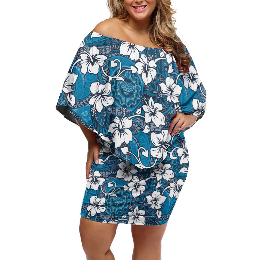 Karakarawa Bula Fiji Off Shoulder Short Dress Fijian Tapa Seamless Hibiscus LT14 Women Blue - Polynesian Pride