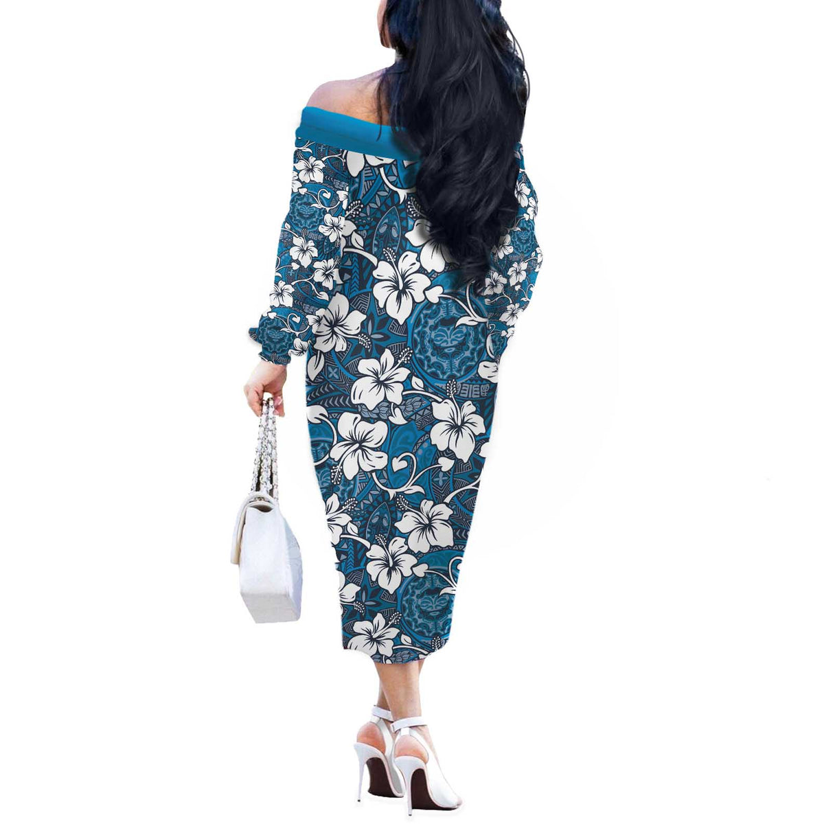 Karakarawa Bula Fiji Off The Shoulder Long Sleeve Dress Fijian Tapa Seamless Hibiscus - Polynesian Pride