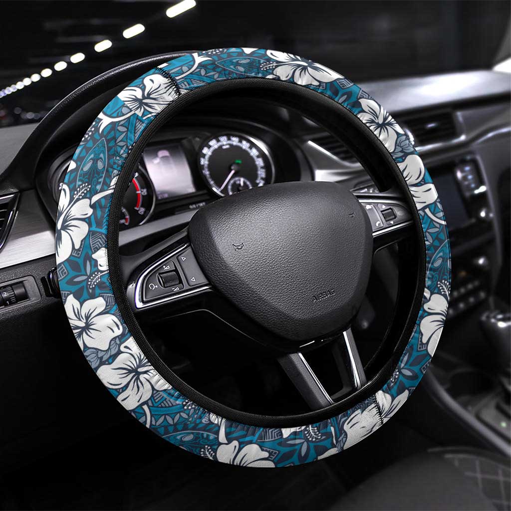 Karakarawa Bula Fiji Steering Wheel Cover Fijian Tapa Seamless Hibiscus LT14 Universal Fit Blue - Polynesian Pride