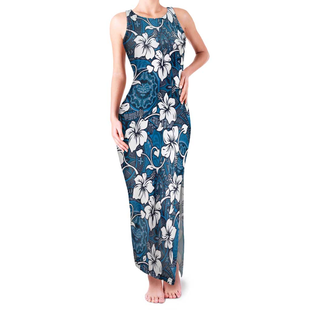 Karakarawa Bula Fiji Tank Maxi Dress Fijian Tapa Seamless Hibiscus LT14 Women Blue - Polynesian Pride