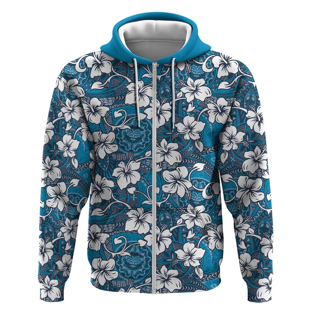 Karakarawa Bula Fiji Zip Hoodie Fijian Tapa Seamless Hibiscus LT14 Zip Hoodie Blue - Polynesian Pride