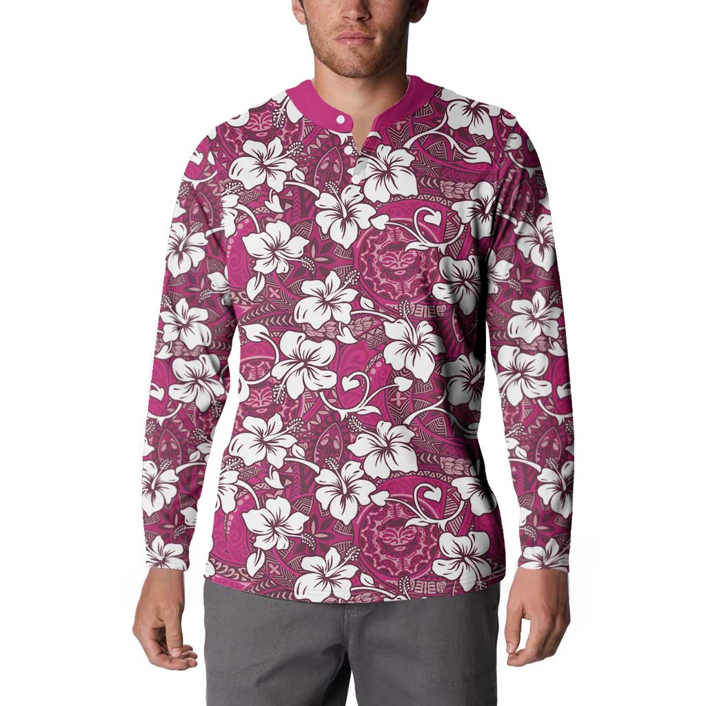 Piqi Bula Fiji Button Sweatshirt Fijian Tapa Seamless Hibiscus - Polynesian Pride