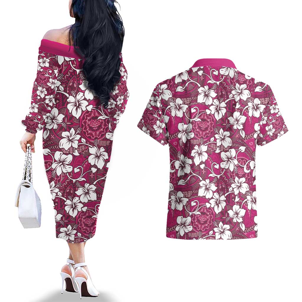 Piqi Bula Fiji Couples Matching Off The Shoulder Long Sleeve Dress and Hawaiian Shirt Fijian Tapa Seamless Hibiscus - Polynesian Pride