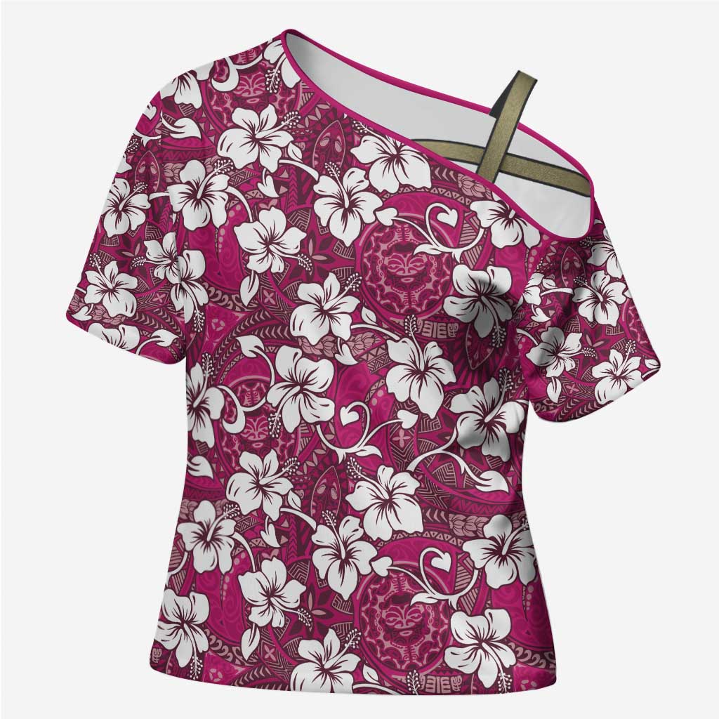 Piqi Bula Fiji Cross Shoulder Shirt Fijian Tapa Seamless Hibiscus LT14 Female Pink - Polynesian Pride