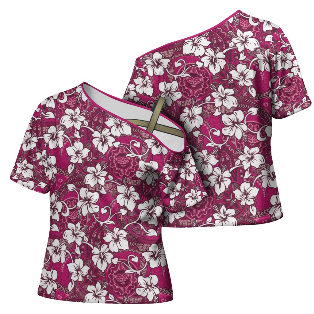 Piqi Bula Fiji Cross Shoulder Shirt Fijian Tapa Seamless Hibiscus LT14 - Polynesian Pride