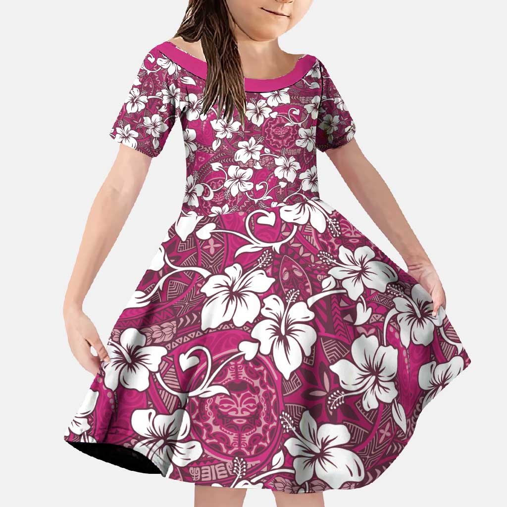 Piqi Bula Fiji Family Matching Long Sleeve Bodycon Dress and Hawaiian Shirt Fijian Tapa Seamless Hibiscus LT14 Daughter's Dress Pink - Polynesian Pride