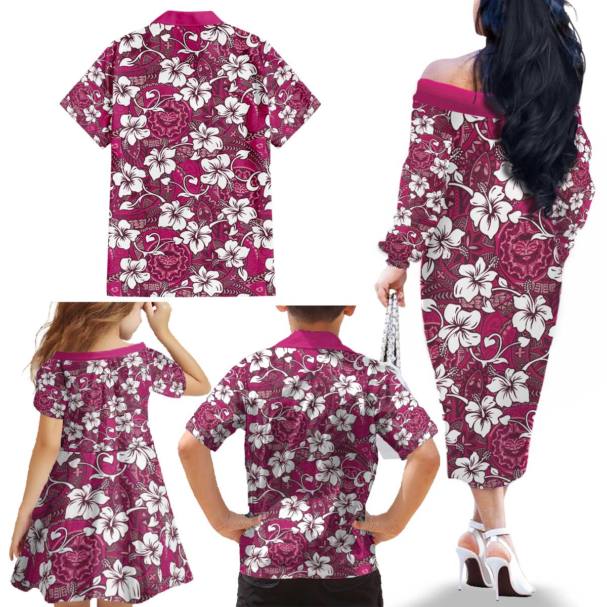 Piqi Bula Fiji Family Matching Off The Shoulder Long Sleeve Dress and Hawaiian Shirt Fijian Tapa Seamless Hibiscus - Polynesian Pride