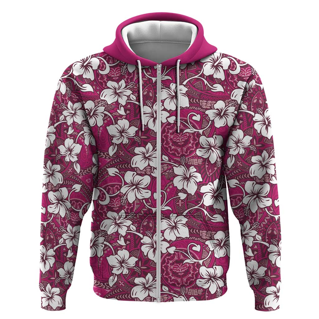 Piqi Bula Fiji Hoodie Fijian Tapa Seamless Hibiscus LT14 Zip Hoodie Pink - Polynesian Pride