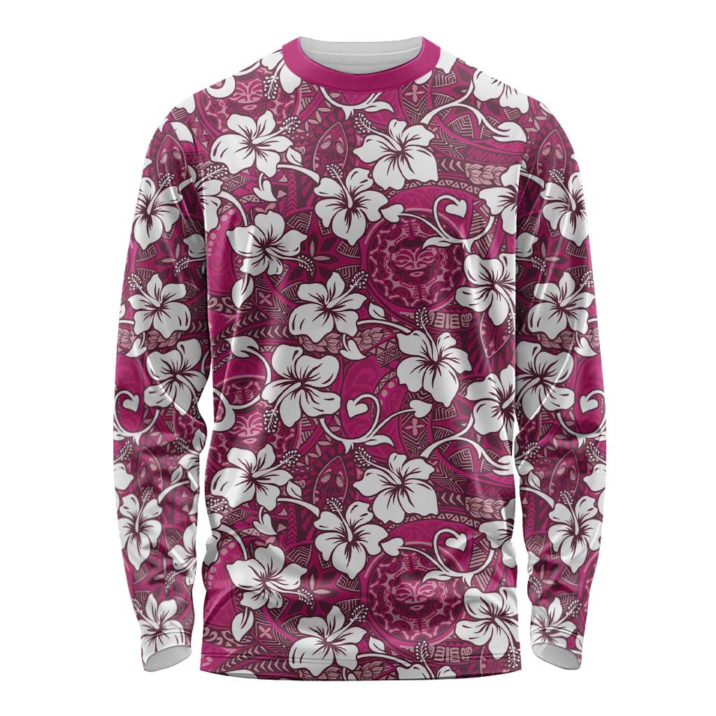 Piqi Bula Fiji Long Sleeve Shirt Fijian Tapa Seamless Hibiscus LT14 Unisex Pink - Polynesian Pride