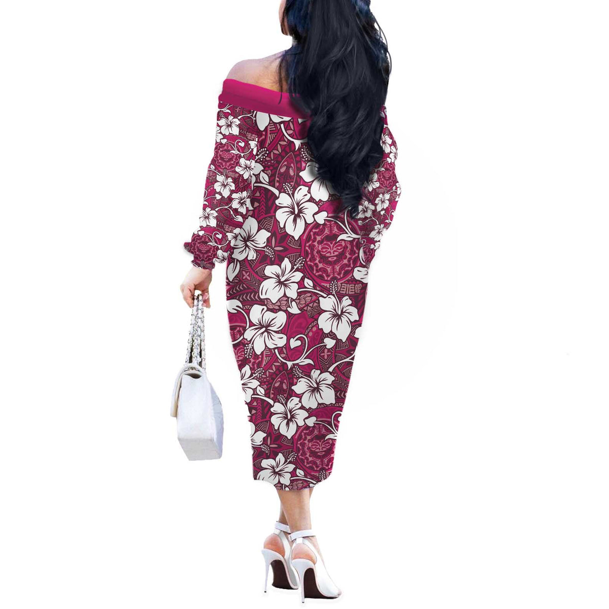 Piqi Bula Fiji Off The Shoulder Long Sleeve Dress Fijian Tapa Seamless Hibiscus LT14 - Polynesian Pride