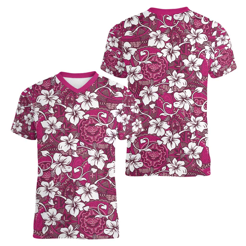 Piqi Bula Fiji Women V-Neck T-Shirt Fijian Tapa Seamless Hibiscus - Polynesian Pride