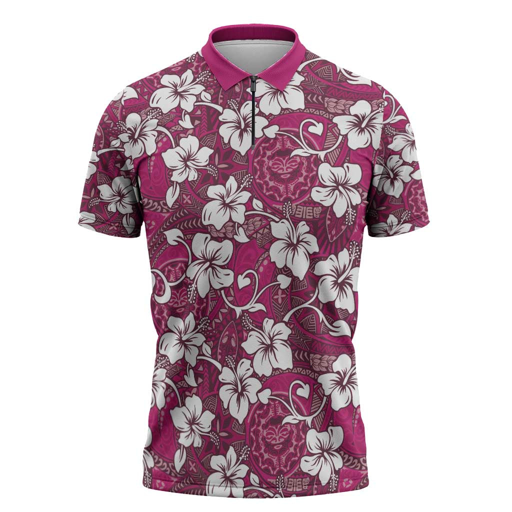 Piqi Bula Fiji Zipper Polo Shirt Fijian Tapa Seamless Hibiscus LT14 Pink - Polynesian Pride