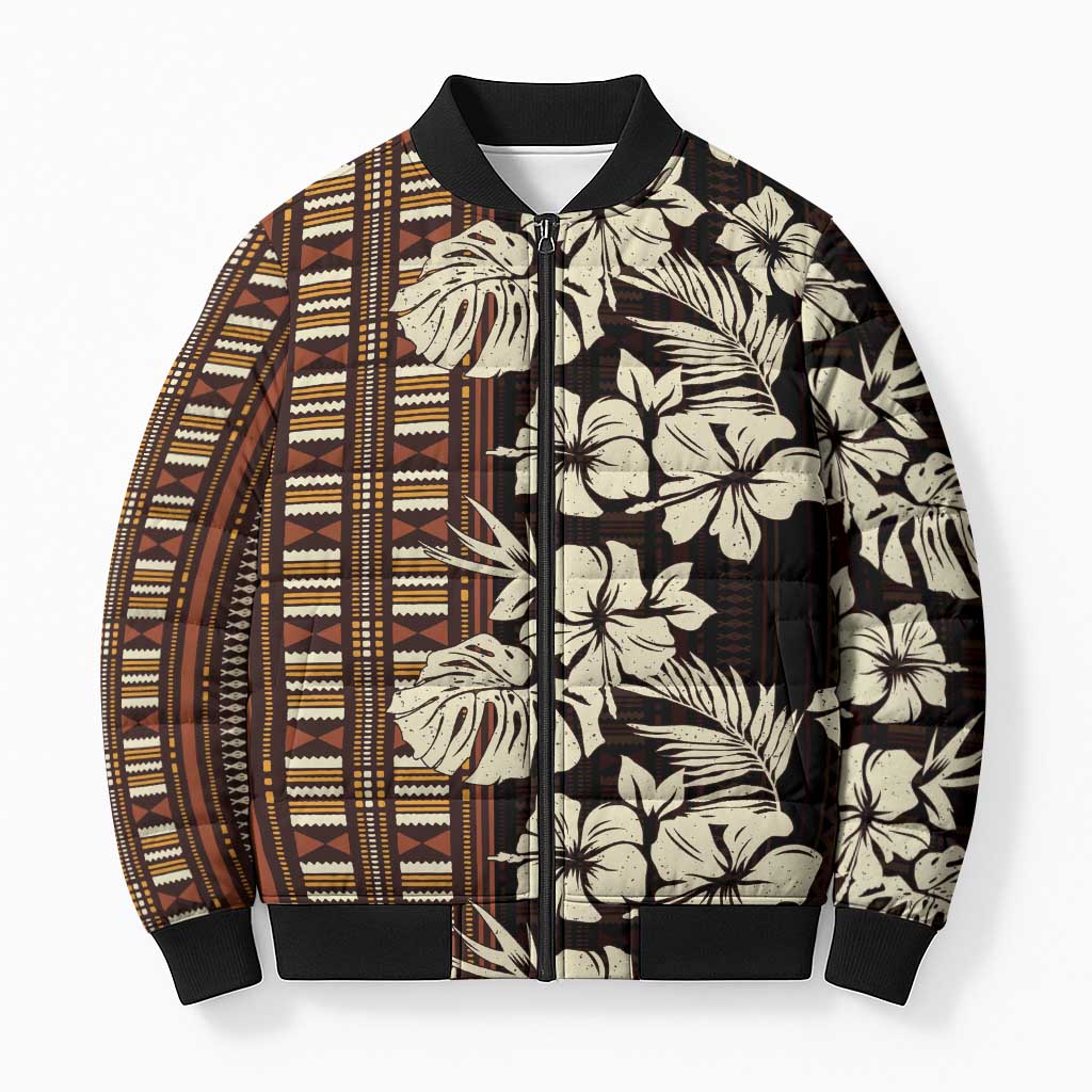 Bula Fiji Masi Bomber Puffer Jacket Tapa Tropical Hibiscus Half Stylized - Polynesian Pride