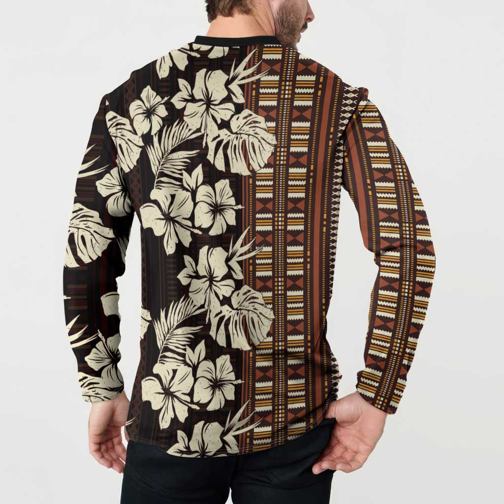 Bula Fiji Masi Button Sweatshirt Tapa Tropical Hibiscus Half Stylized - Polynesian Pride