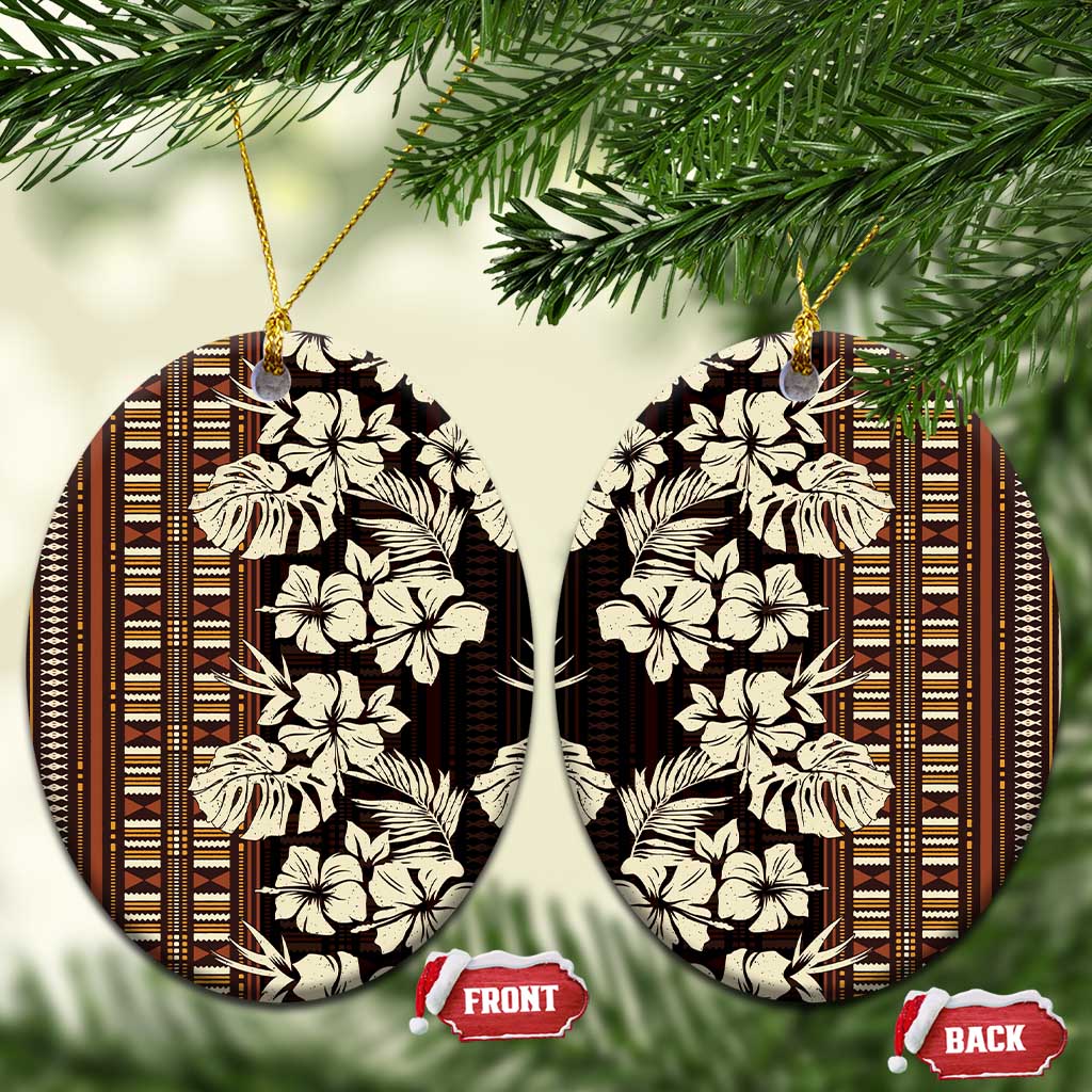 Bula Fiji Masi Ceramic Ornament Tapa Tropical Hibiscus Half Stylized LT14 Oval Brown - Polynesian Pride