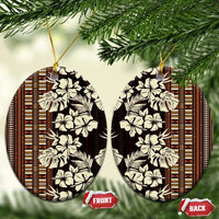 Bula Fiji Masi Ceramic Ornament Tapa Tropical Hibiscus Half Stylized LT14 Oval Brown - Polynesian Pride