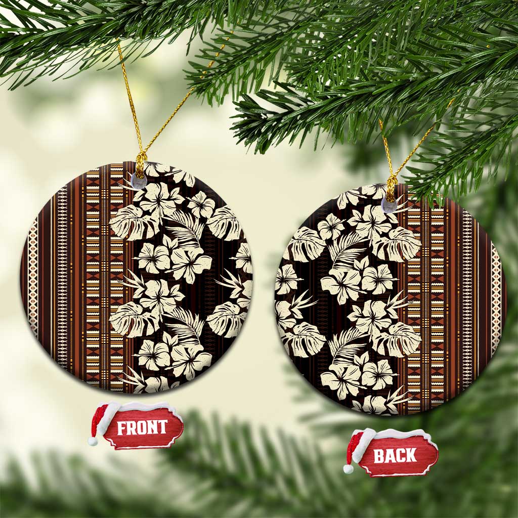 Bula Fiji Masi Ceramic Ornament Tapa Tropical Hibiscus Half Stylized LT14 Circle Brown - Polynesian Pride