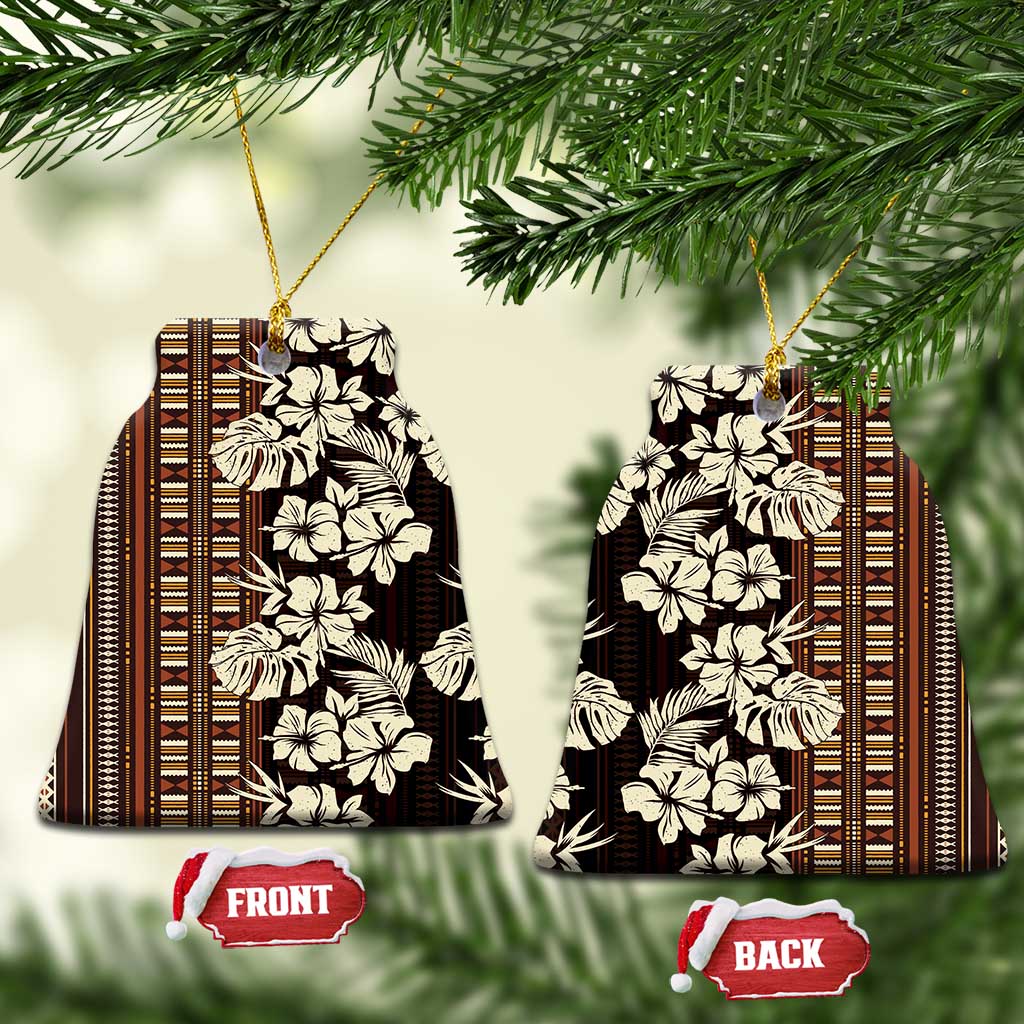 Bula Fiji Masi Ceramic Ornament Tapa Tropical Hibiscus Half Stylized LT14 Bell Flake Brown - Polynesian Pride