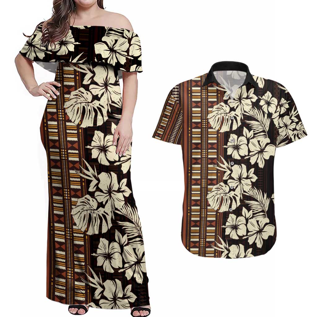 Bula Fiji Masi Couples Matching Off Shoulder Maxi Dress and Hawaiian Shirt Tapa Tropical Hibiscus Half Stylized - Polynesian Pride
