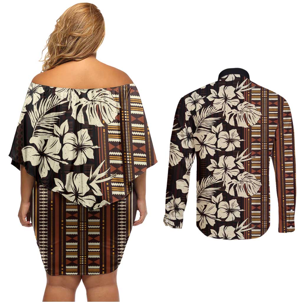 Bula Fiji Masi Couples Matching Off Shoulder Short Dress and Long Sleeve Button Shirt Tapa Tropical Hibiscus Half Stylized - Polynesian Pride