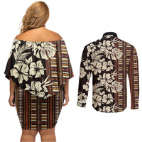 Bula Fiji Masi Couples Matching Off Shoulder Short Dress and Long Sleeve Button Shirt Tapa Tropical Hibiscus Half Stylized - Polynesian Pride